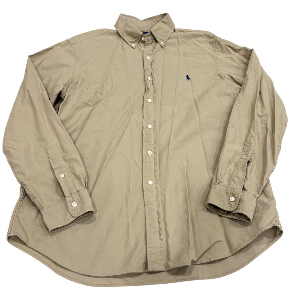 Ralph Lauren Mens Khaki Button-Down Shirt With Embroidered Logo Size Large